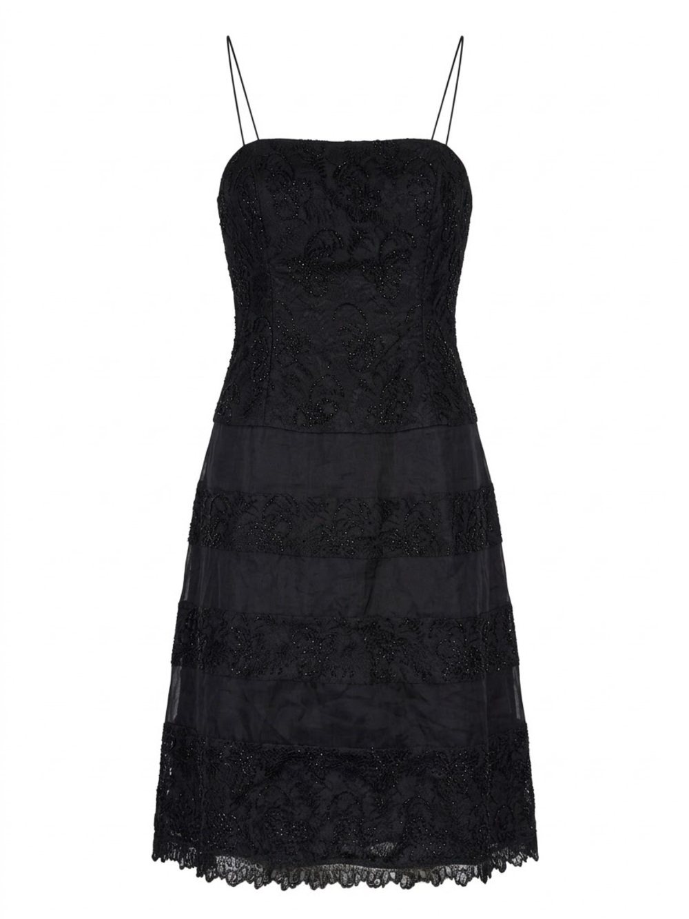 Vintage KIR Black Silk Beaded Lace Dress Tiered Organza Cocktail Size 8 Lined